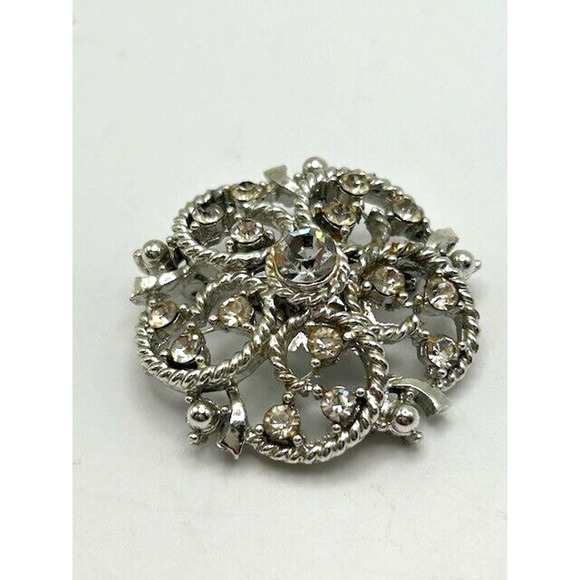 Vintage Rhinestone Palladium Flower Pin Brooch Silver Tone Round - Picture 1 of 8
